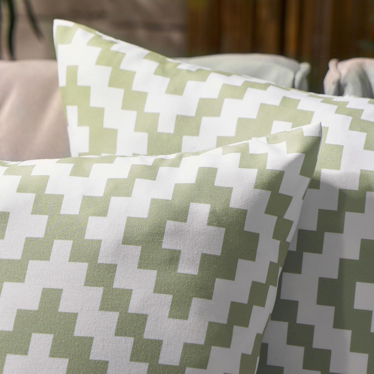 Brentfords Outdoor Filled Cushions with Covers Geometric Print, Outdoor Water Resistant Garden Furniture Pillow Super Soft Comfy Cushion Pads with Covers 2 Pack, Sage/White-45x45cm - Image 3