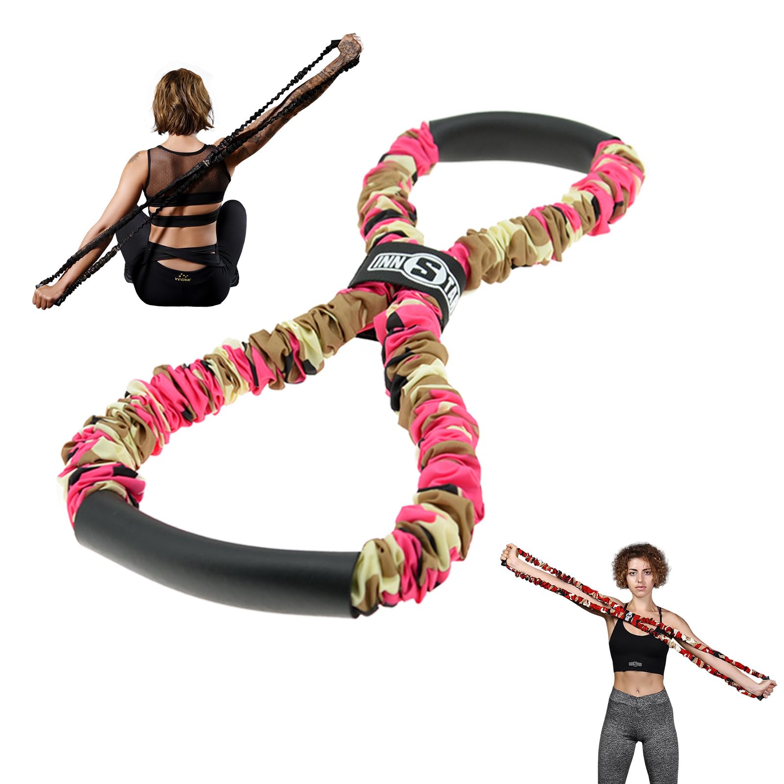 INNSTAR Figure 8 Resistance Band with Handle, Exercise Bands for Arm Back Chest Shoulder Stretch, Elastic Bands for Home Workout, Yoga,Gym Training for Women and Men (Camo Pink-18KG)
