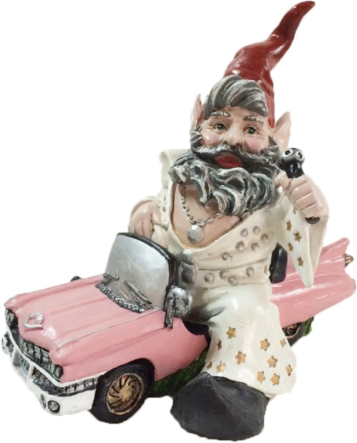 "Vegas The Look-a-Like Elvis Gnome in His Pink Cadillac Car Garden Gnome Statue 14" H