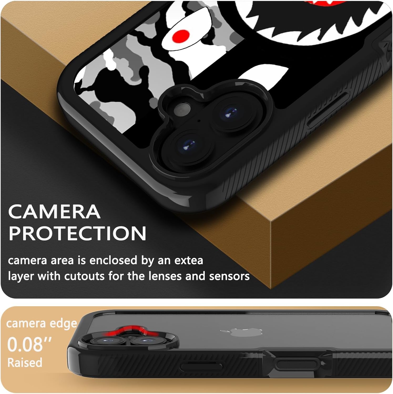 Street Fashion Cool Camo Black Gray Shark Design Compatible with iPhone 16 Case for Boys Man Luxury Shockproof Rugged Cover Dual Layer Soft TPU + Hard PC Bumper Full-Body Protective Case - Image 4