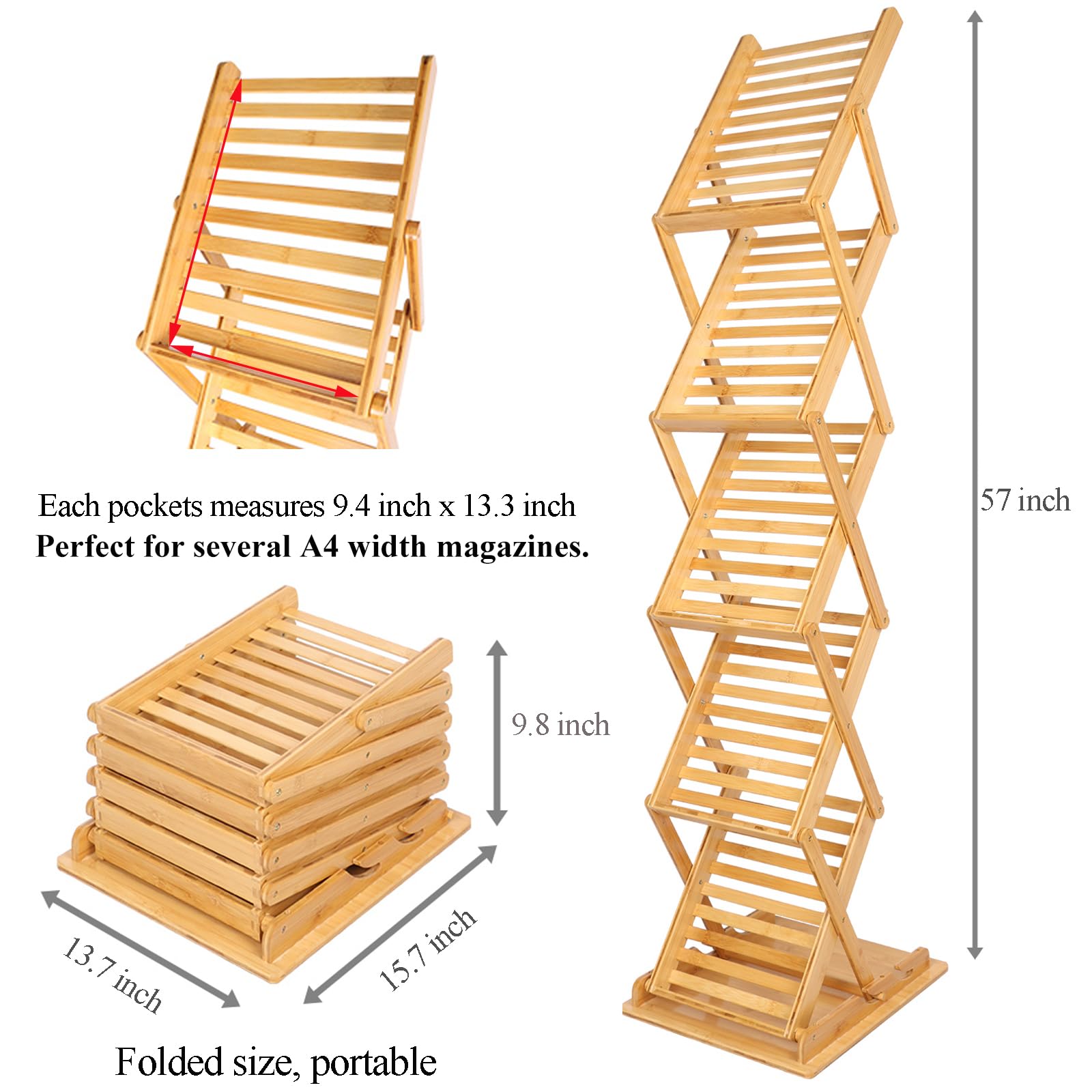 DuvinDD Foldable Bamboo Magazine Rack Floor, Portable Pop-up Display Stand, Magazine Rack 5 Pockets, A4 Size, for Trade Shows, Office, Retail Store, Craft Shows, 57 inch Tall
