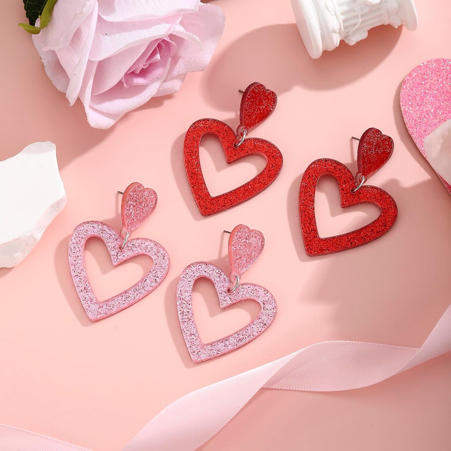 Sparkly Glitter Open Heart Dangle Post Earrings for Women, Hypoallergenic Acrylic Hollow Heart Drop Earrings, Sweetheart Everyday Jewelry, Gift for Valentines Day Christmas Mothers Day - Image 4