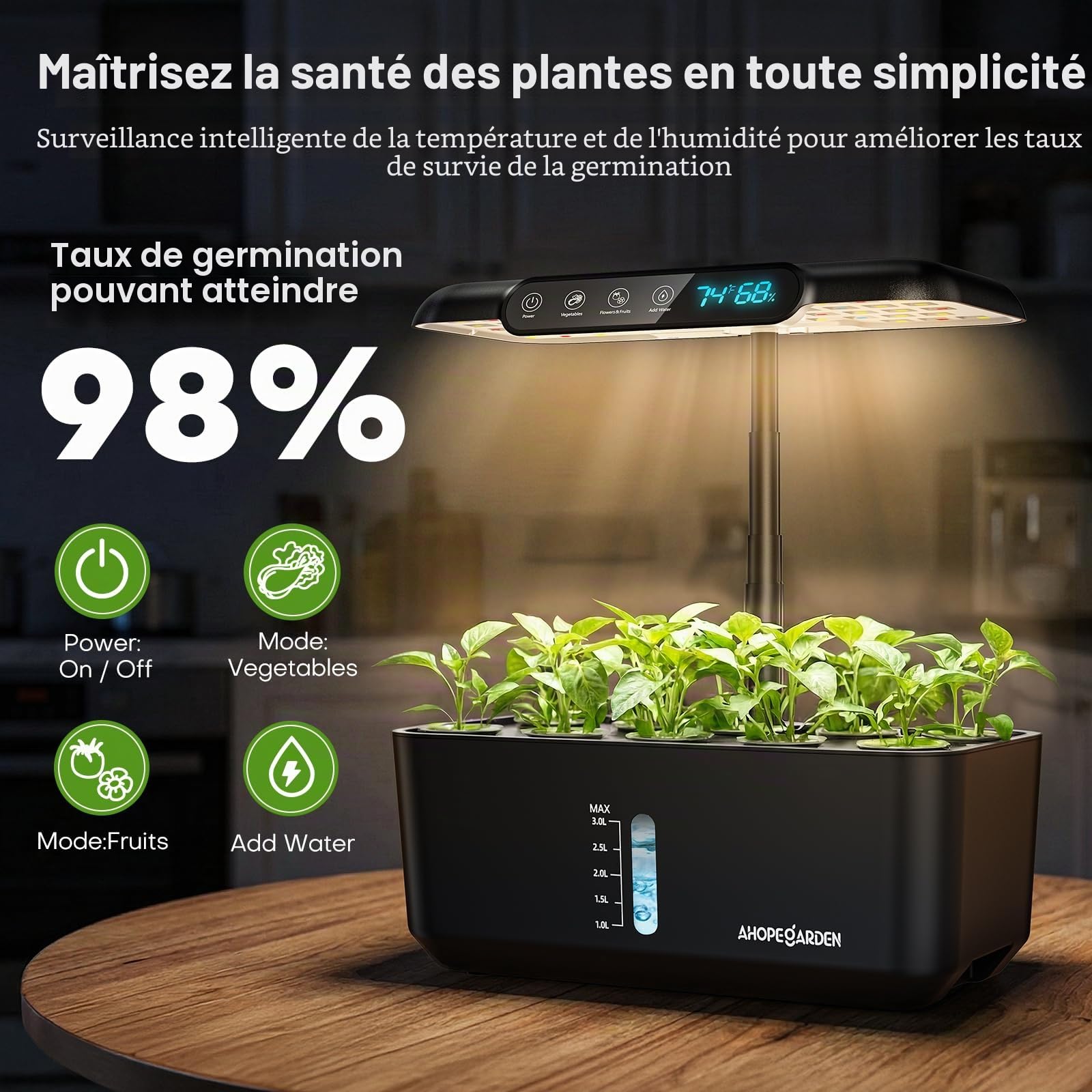 Ahopegarden Système de culture hydroponique : affichage de la température | Kit de jardin d'intérieur avec lampe de croissance LED pour laitue et tomates – Kit de germination de plantes pour débutants