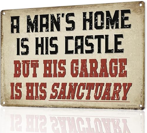 Decoración vintage de garaje  Letrero His Garage Is His Sanctuary  Letreros metálicos de 12 x 8 pulgadas para decoración de pared de cueva de