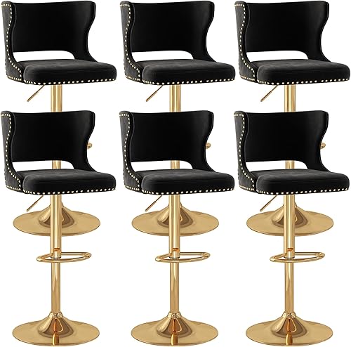 Miniatura 10 de Westice Gold - Juego de 2 taburetes de bar ajustables y giratorios, sillas de bar modernas de terciopelo con respaldo curvo, base de metal y