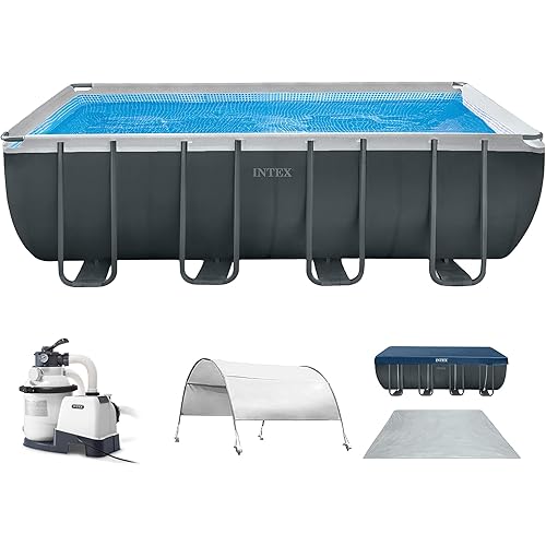 Intex 18 Foot by 52 Inch Ultra XTR Framed Above Ground Swimming Pool Set with Sand Filter Pump, Pool Cover and Ladder, Canopy, and Ground Cloth, Gray