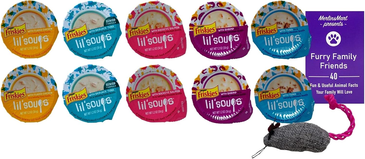 Friskies Lil' Soups Adult Cat Food Complement 5 Flavor 10 Container Sampler, 2 Each: Sockeye Salmon, Shrimp, Tuna, Chicken, Skipjack…