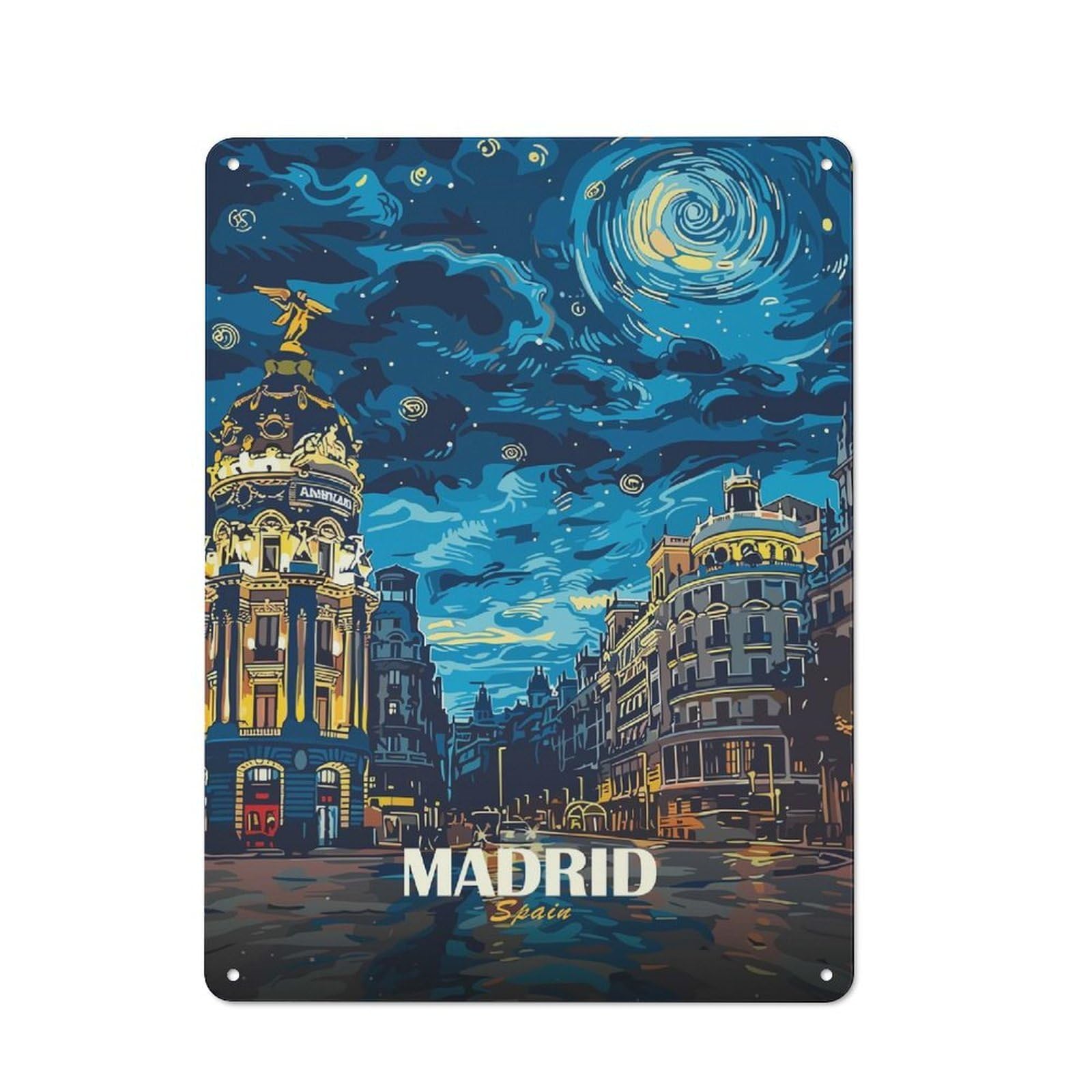 Junmoney Style-2 Rustic Metal Wall Sign 40X30cm Featuring Madrid Spain Cityscape Night Art For Garage Wall, Tin Sign Wall Decor For Garages And Workshops