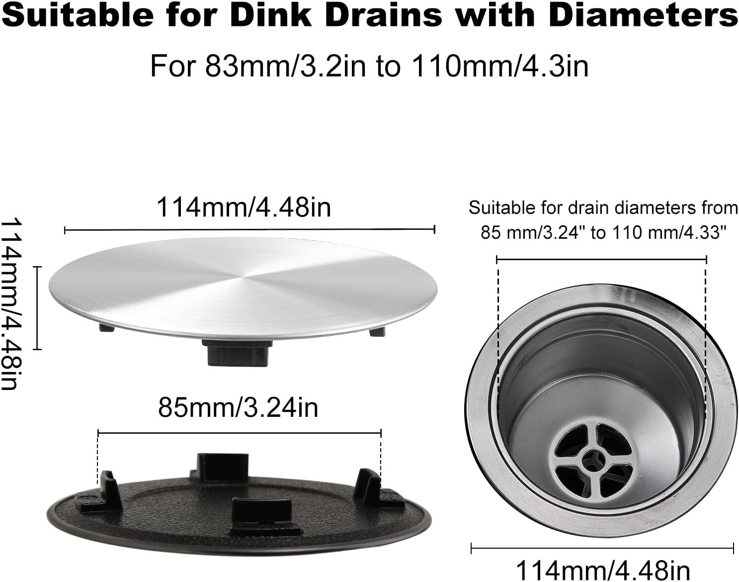 Only 2pcs Drain Cover Kitchen Sink Drain Lid Cover 304 Stainless Steel Flat Decorate Cover,Fits 3 1/2" Standard Kitchen Sink Drain Assembly Basket Stopper(Silver)