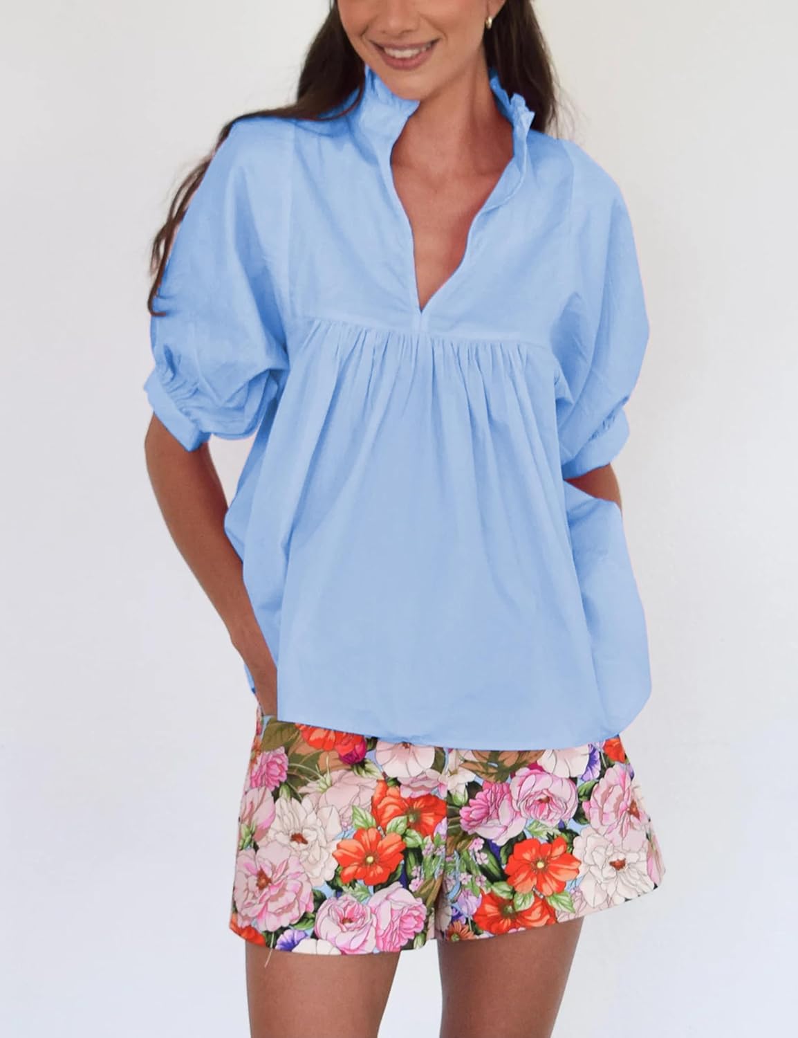 Zhiyouni Summer Blouses for Women 2026 Dressy Casual Short Sleeves V Neck Babydoll Peplum Tops - Image 5