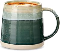 fMBB Reactive Glaze Ceramic Coffee Mug 13.5oz - Handmade Unique Green Tone Pottery Cup, Wide Bottom for Tea, Latte, Hot Chocolate