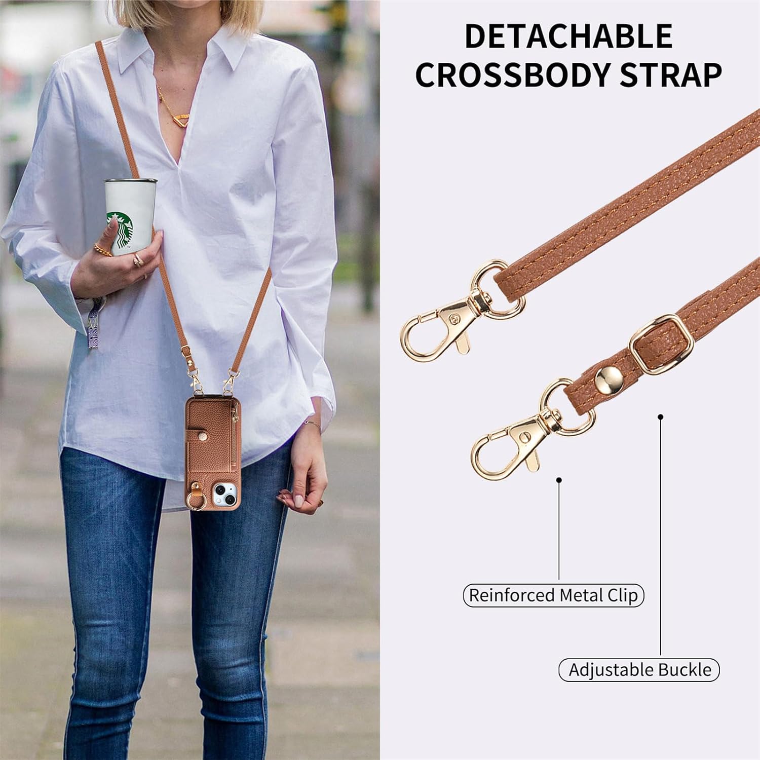 Wallet Case for iPhone 14 with Lanyard Strap Card Slot Holder RFID Blocking 360° Ring Kickstand,Magnetic Flip Folio Zipper Purse Case, PU Leather Cover Handbag,Brown