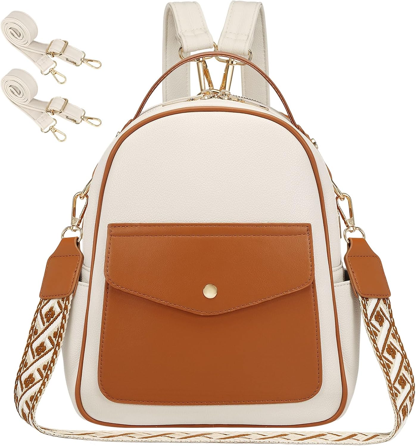 Small Backpack Purse for Women PU Leather Mini Backpack Travel Convertible Shoulder Bag with 3 Replaceable Shoulder Straps, Beige