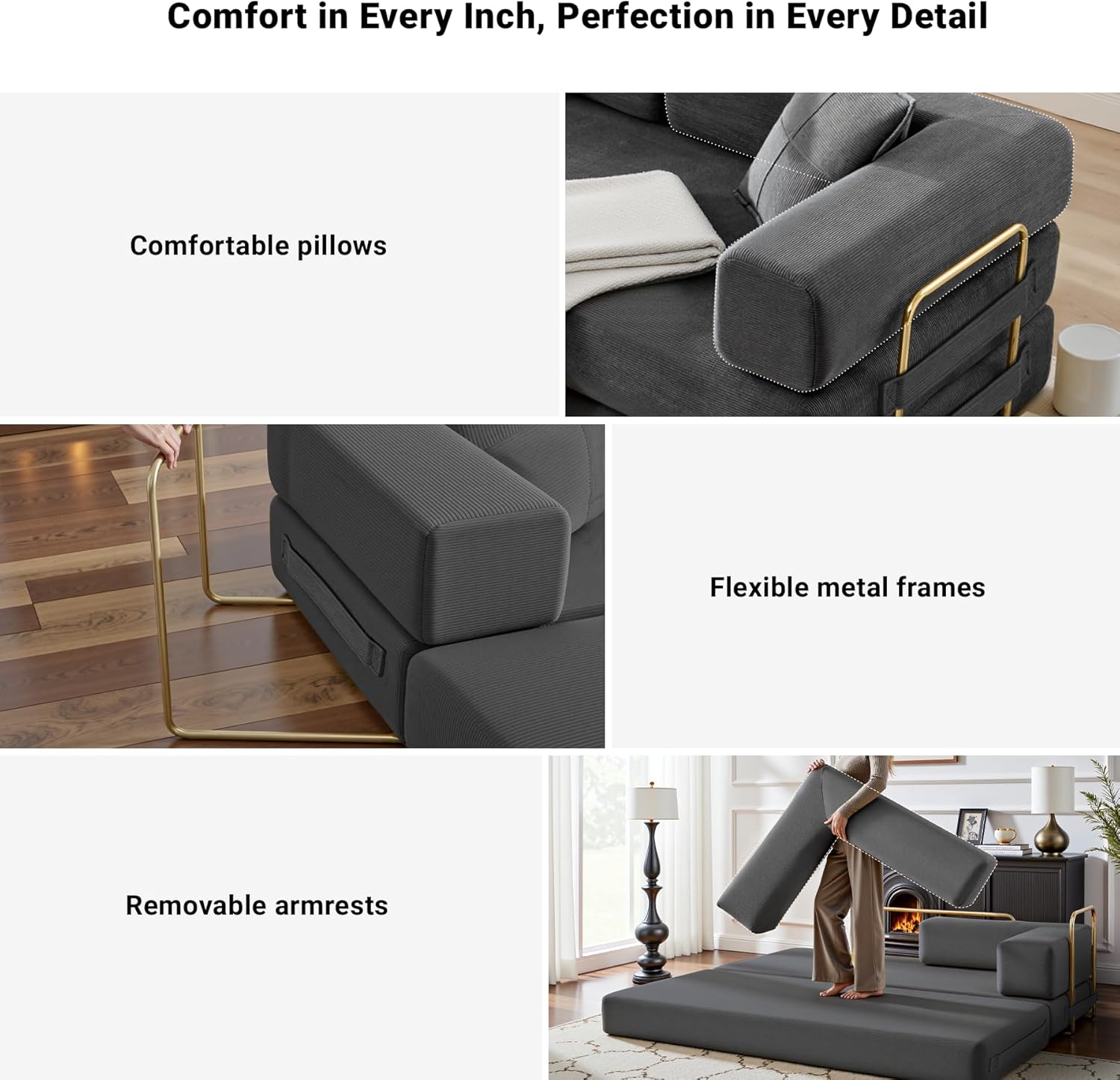 Convertible Sleeper Sofa Bed, Corduroy Folding Sofa Bed with Fixed-Shape Frame, Fold Out Floor Mattress Couch, Lazy Compression Sofa for Living Room, Bedroom, No Assembly Required, Grey