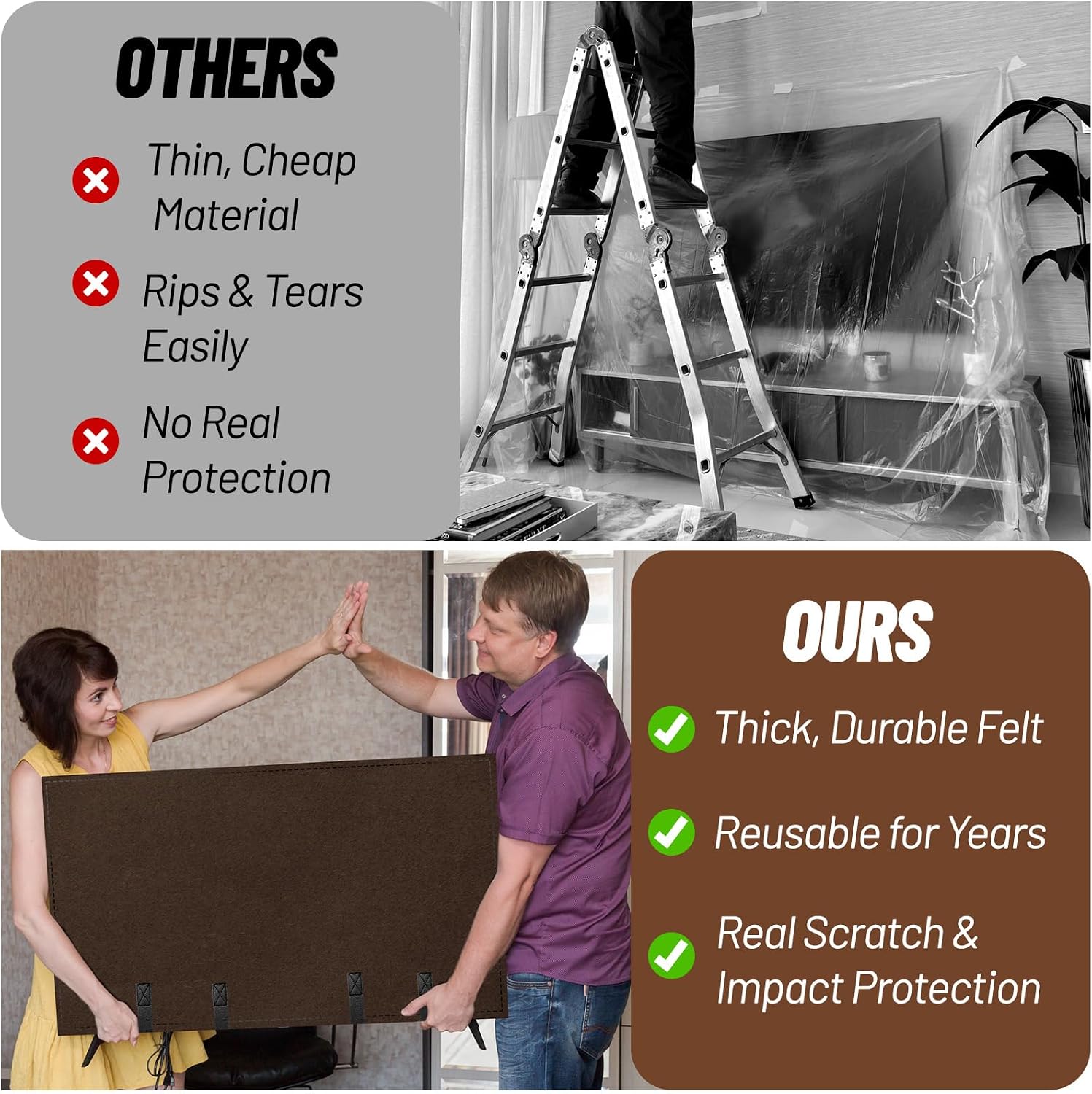 TV Cover for Moving, Fits to 50"- 55" Flat Screen TV Moving Cover, Dustproof Coffee Felt TV Screen Covers, Anti-Scratch TV Bags for Moving with Bottom Strap for House Moving, Home Renovation