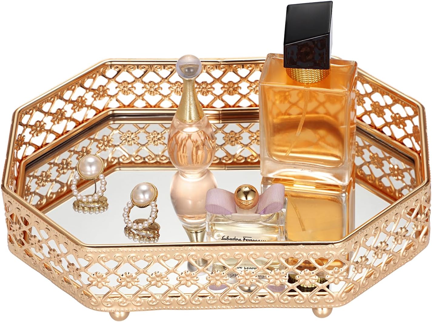 Hipiwe Gold Perfume Tray for Dresser, Ornate Mirrored Makeup Vanity Tray