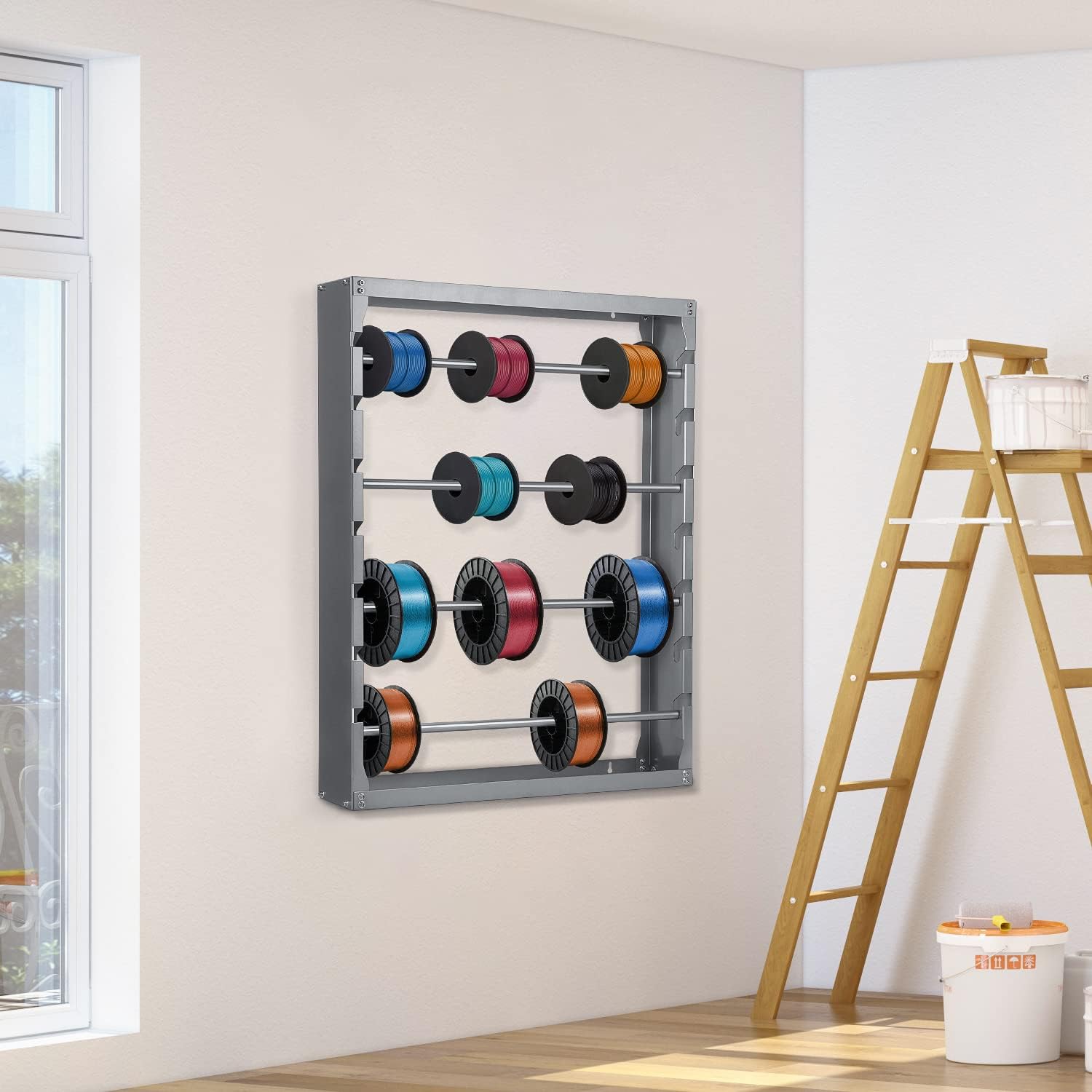 Wire Spool Rack, Heavy Duty Cold-Rolled Steel Wire Cable Dispenser Conduit Display Rack Wall Mounted Spool Storage Rack with 4 Adjustable Rods for Electrical Industrial Retail Use Grey