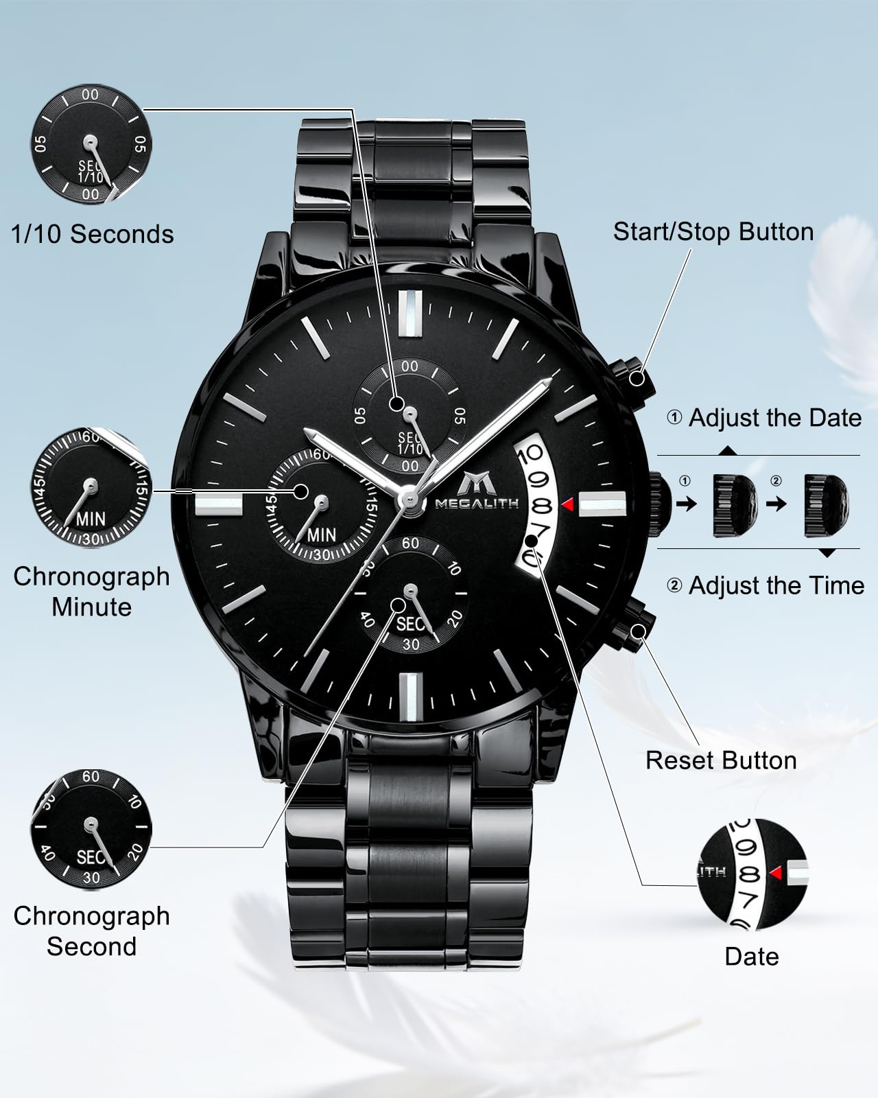 MEGALITH Herrenuhr Edelstahl Chronographen Armbanduhr: Großes Ziffernblatt Uhren Herren Wasserdicht Leuchtende Datum für Arbeit und Freizeit - Stylisch Geschenk für Männer