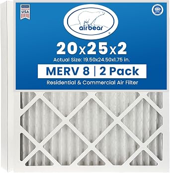 فلتر هواء 20x25x2 MERV 8 2-Pack TRION Air Bear Pleated HVAC استبدال فلتر الهواء الحجم الفعلي 19.50 x 24.50 x 1.75 بوصة