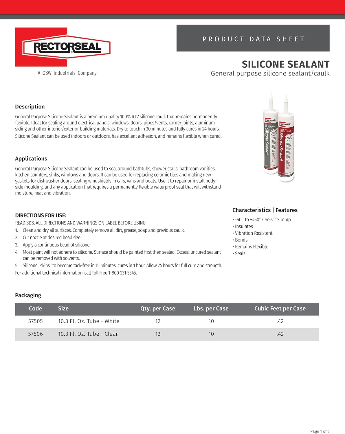 RectorSeal Silicone Sealant 57505 Caulk, General Purpose, Plumbing, 10.3 FL OZ