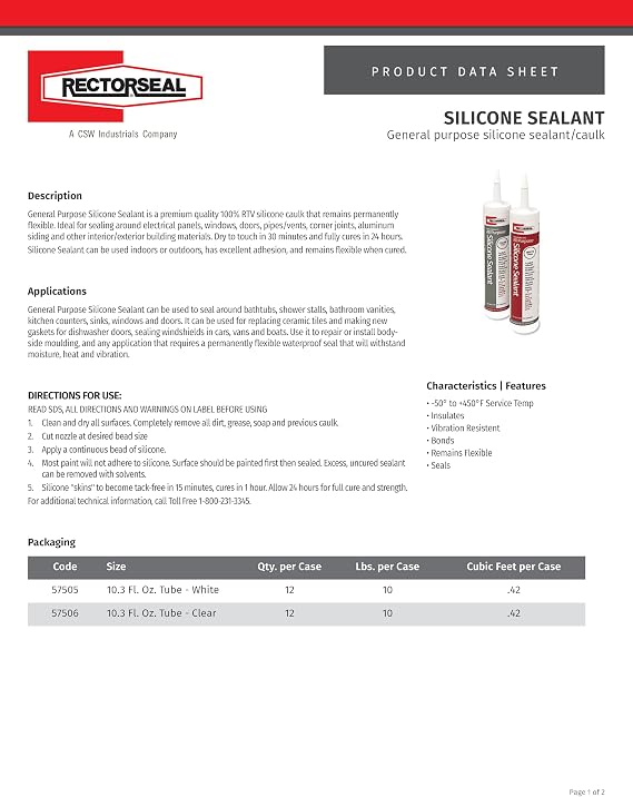 RectorSeal Silicone Sealant 57505 Caulk, General Purpose, Plumbing, 10.3 FL OZ