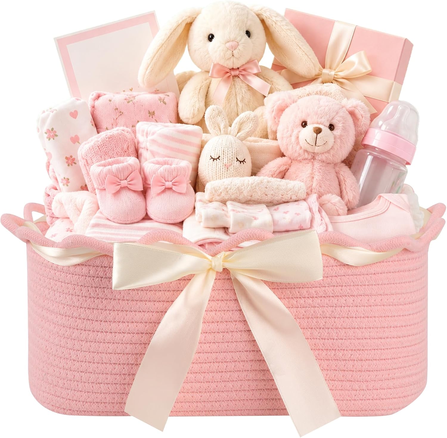 OIAHOMY Empty Gift Basket to Fill, Woven Storage Bin with Gift Bag & Ribbon, 15.4"x11.4"x6.7" Storage Basket Empty for Holiday Presents, Baby Shower & Home Decor, Toy Organizer for Kids, Pink