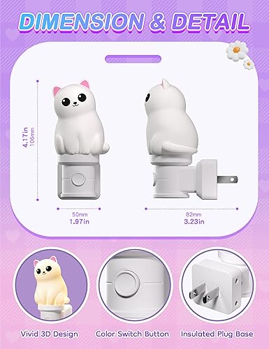 Miniatura 8 de KINDEEP Luz nocturna para niños enchufable bonita luz nocturna 3D de gato con sensor de atardecer a amanecer, RGB y blanco suave 3000K, luz nocturna