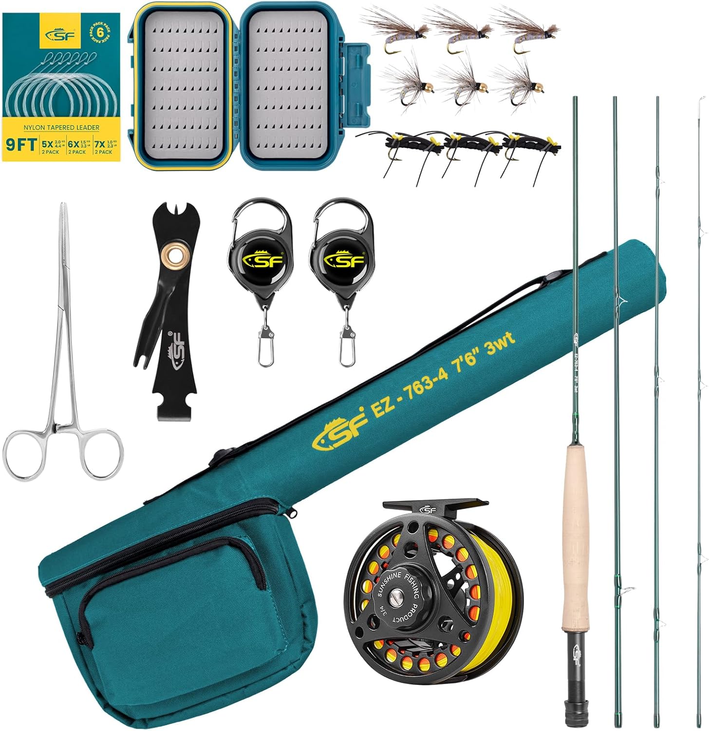 SF Fly Fishing Rod Combo Starter Kit Semi Gloss Green Jade Finish 24T Carbon Fiber Trout Travel Fly Rod with Reel,Fly Rod case,Fly Box , Flies,Tapered Leader,Knot Tying Tools