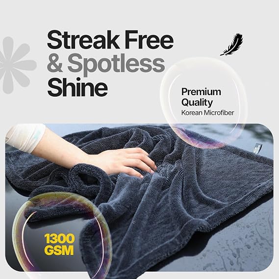 Microfiber towels for cars - 1300GSM X Large size Double twisted loop 2pcs - 70/30 Blend Quick Dry High absorbent Edgeless Streak free - Car drying towel for detailing 24x36″ & 12x12