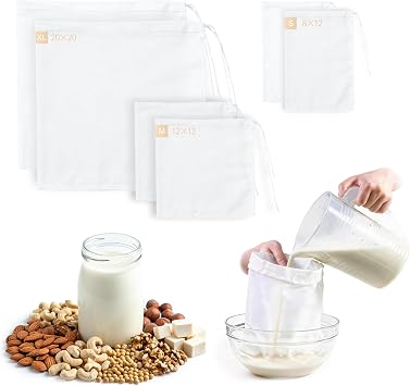 Reusable Nut Milk Bag 6 Pack, 3 Sizes Fine Mesh Strainer Bags 20"x20", 12"x12", 12"x8", Nylon Filter Bags for Almond Milk, Juice, Cheese Making, Cold Brew Coffee & Yogurt