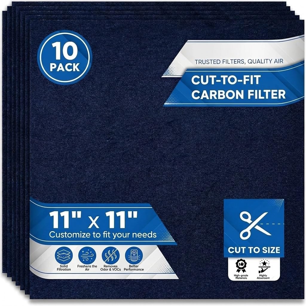 Activated Carbon Air Filter 11"x11" - Cut to Fit (20-Pack), Anti-Odor Charcoal Filter Sheets for Air Purifier, Vent Hoods, Vacuum Cleaners, Aquariums, Kitchen, and Home Use - 1/8" Thick