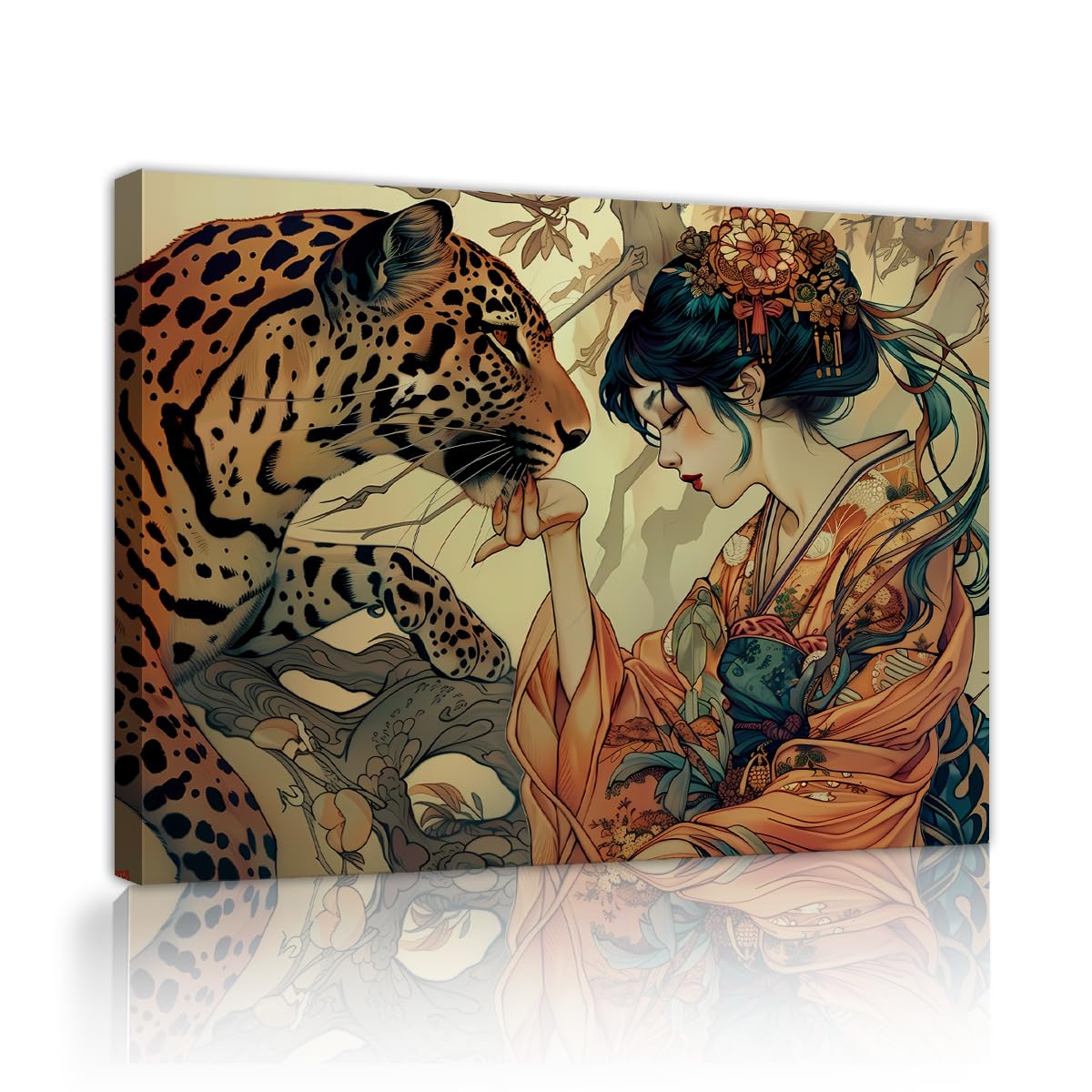 Via Vela Japanese Leopard Geisha Canvas Wall Art Samurai Style Asian Fantasy Wall Decor Pictures Retro Fusion Ukiyo-E Wildlife Illustration Posters Prints for Apartment Entryway Indoor Decor 80x120cm