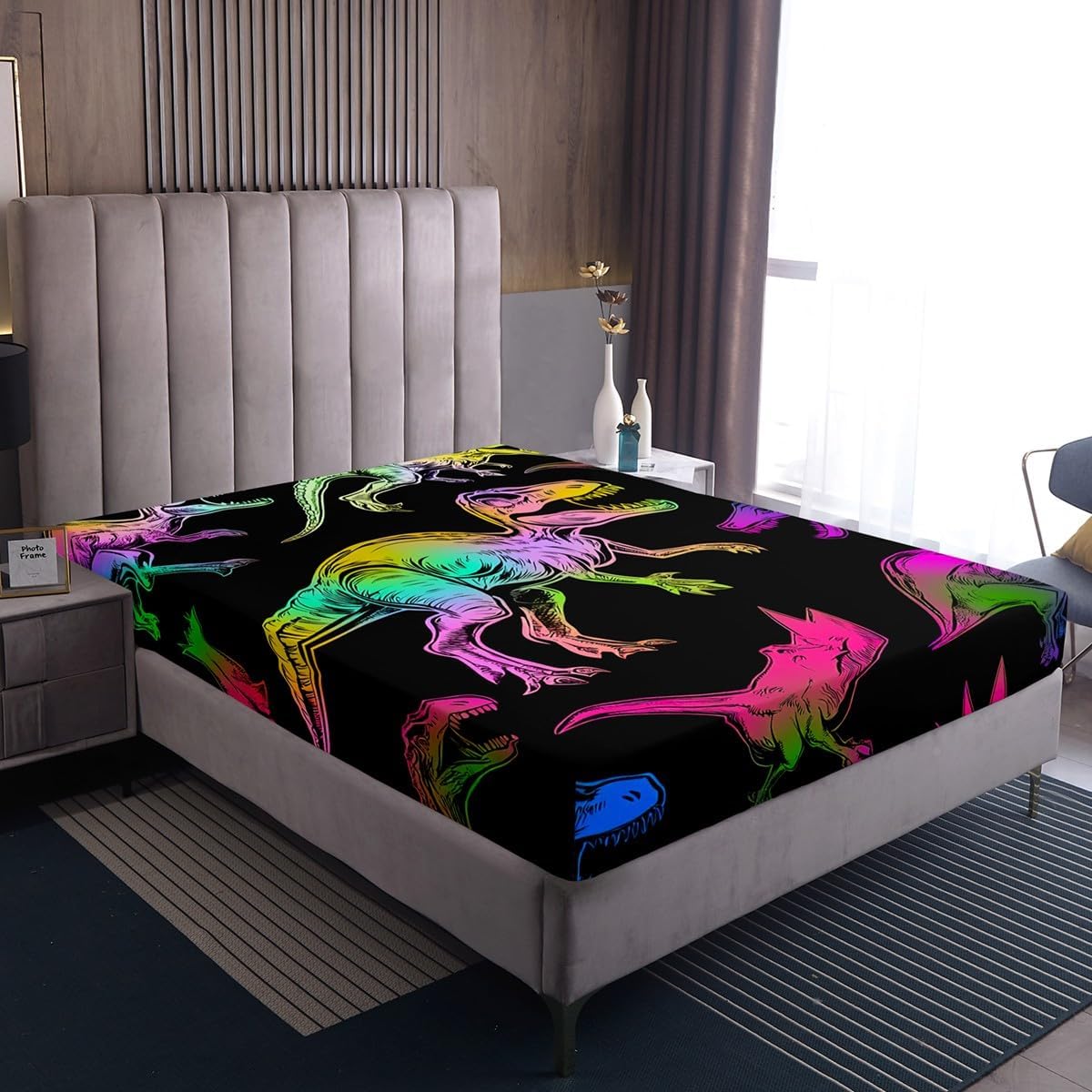 Dinosaur Fitted Sheet Rainbow Dino Bed Sheets Full,Jungle Animal Sheets Dinosaurios Bed Set,Prehistoric Wildlife Room Decor