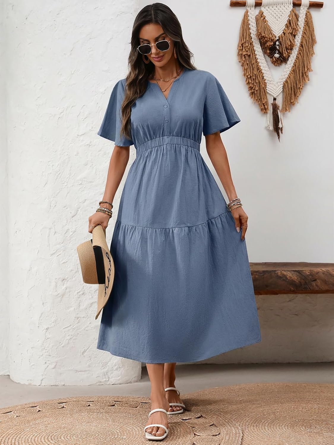 Celmia Cotton Dress for Women Summer V Neck Short Sleeve Ruffle Sleeve Casual Boho Midi Maxi Dresses