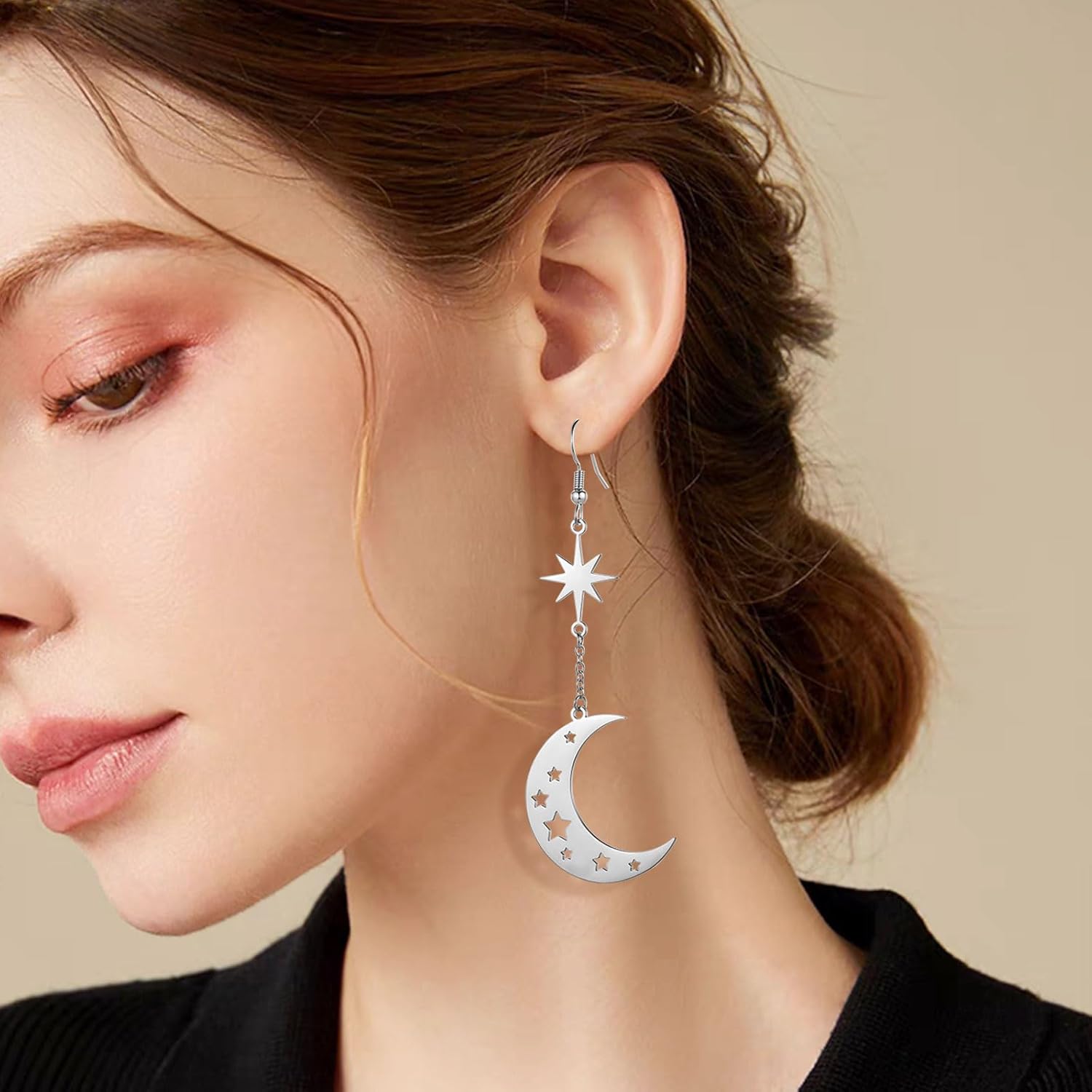 REELMAR Space Dangle Earrings for Women Asymmetrical Celestial Moon Star Saturn Earrings Dangling Crescent Moon Planet Drops Gorgeous Mysterious Space Statement Jewelry - Image 4