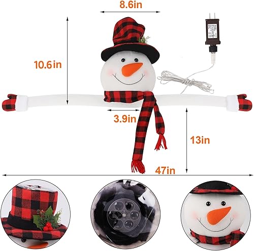 Vista 9 de Juegoal Decoración de árbol de muñeco de nieve de Navidad, muñeco de nieve grande de felpa con sombrero y bufanda a cuadros rojos y negros