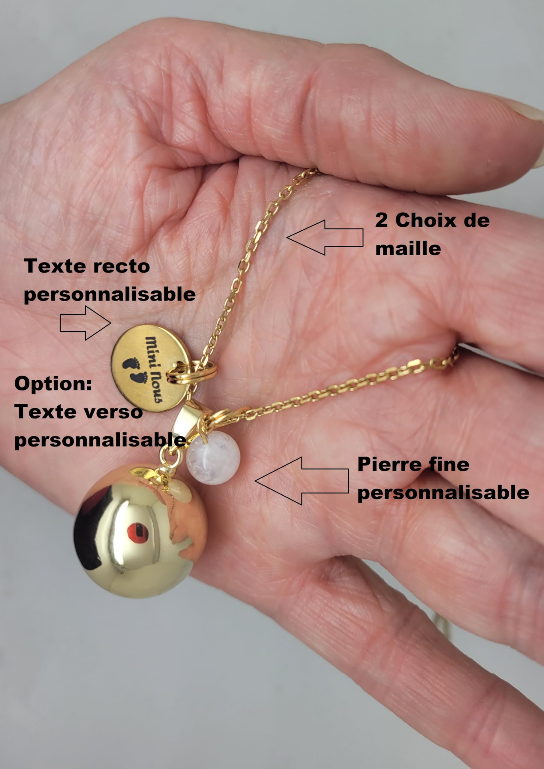 Bola de Grossesse Lisse Personnalisable Ton Or Médaille Gravée Mini Nous Petits Pieds Chaîne Satellite ou Classique Pierre Fines cadeau future maman