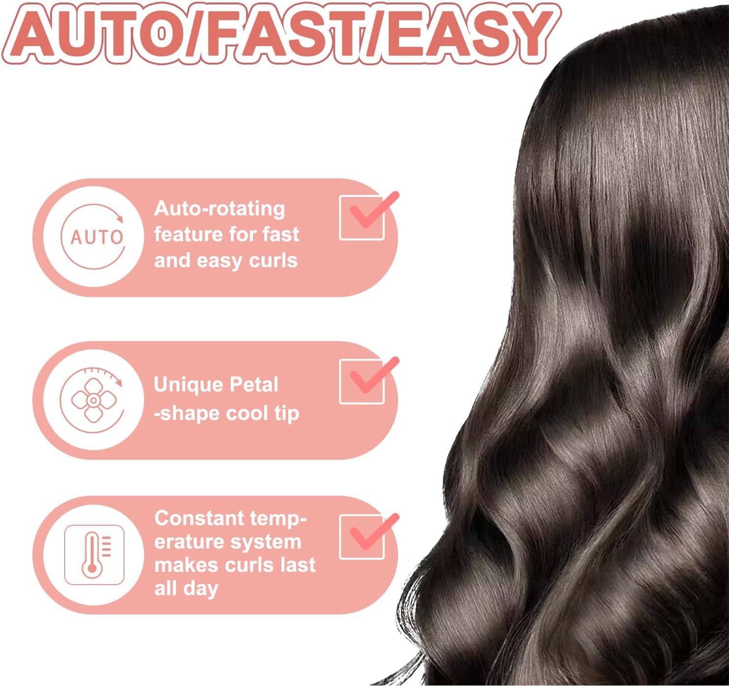 VAV Automatic Rotating Curling Iron for Medium to Long Hair - 1.25 Inch Curler Wand Creates Versatile Curls & Waves,Easy Use for Beginners (Pink)