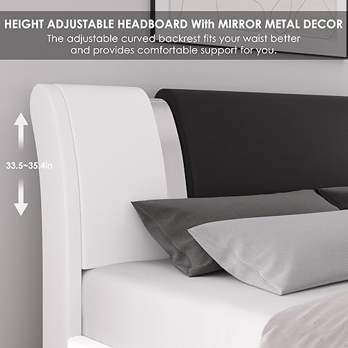 Miniatura 13 de Moderno armazón de cama tapizado de piel sintética con cabecera de decoración de metal, soporte de tablillas de madera, no necesita box spring,