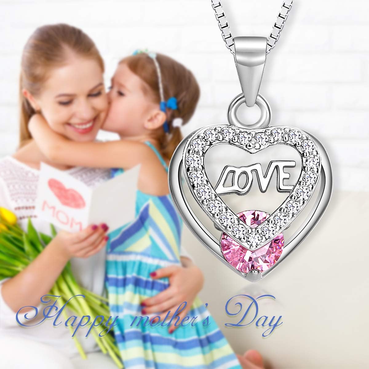 Love Heart Necklace,925 Sterling Silver Necklace,Heart Pendant with Cubic Zirconia Necklace for Women Girls