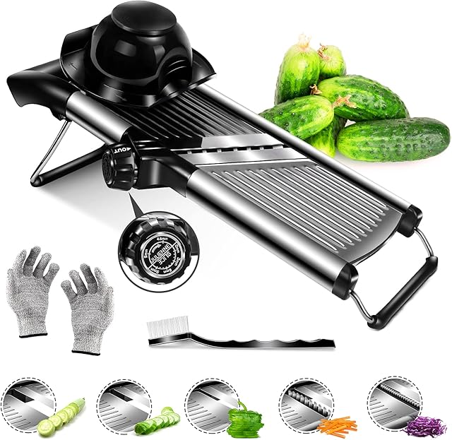 Myiosus Adjustable Mandoline Slicer, Stainless Steel Mandoline Vegetable Slicer Julienne Cutter, Kitchen Professional Mandolin Slicer with Safety Gloves and Cleaning Brush