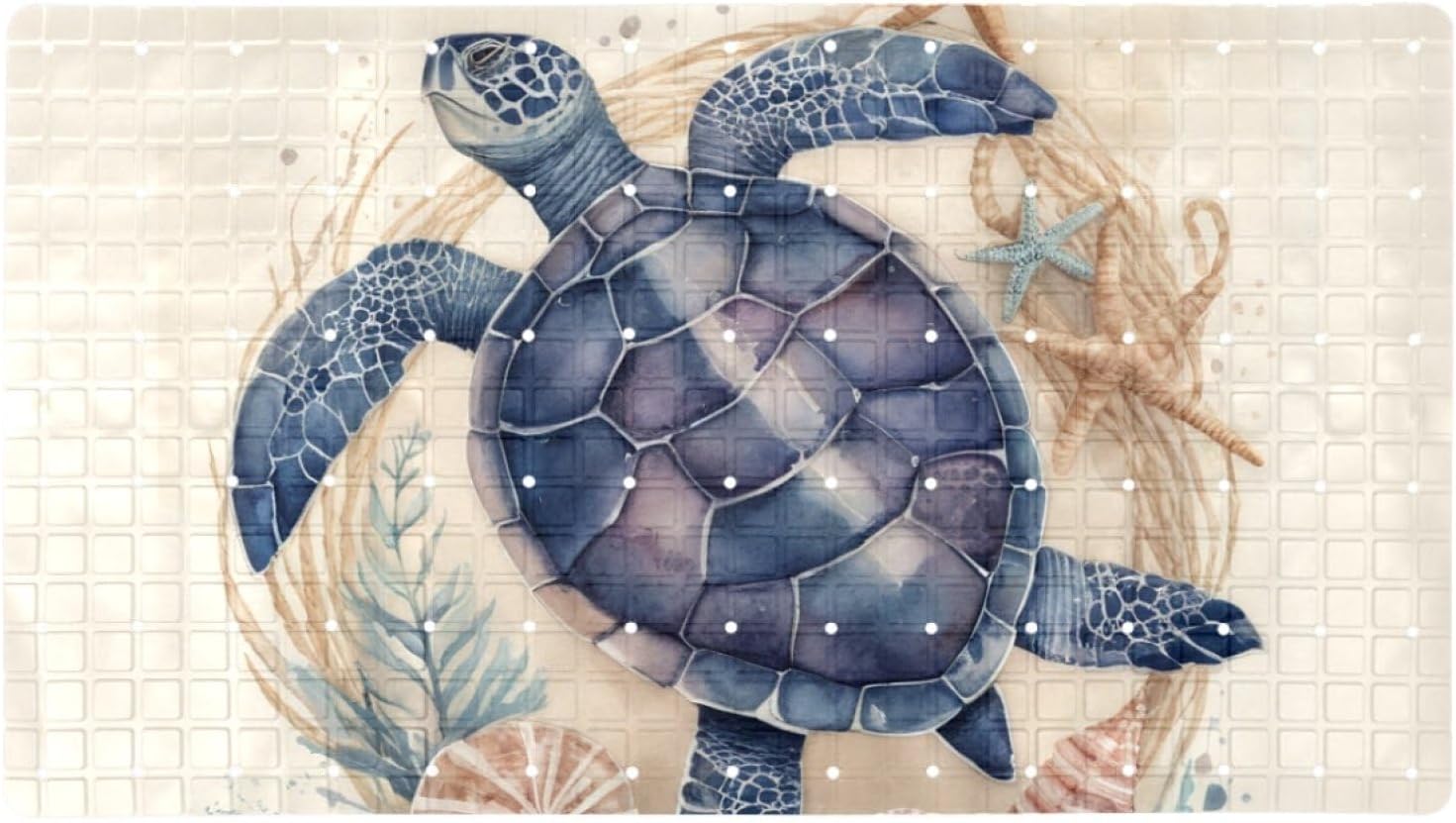 Bathtub Mats for Shower Tub, Anti-Slip Bath Mats for Inside Tub, Bathroom Shower Mats with Drain Holes and Suction Cups (Vintage Sea Turtle with Seashells and Starfish)