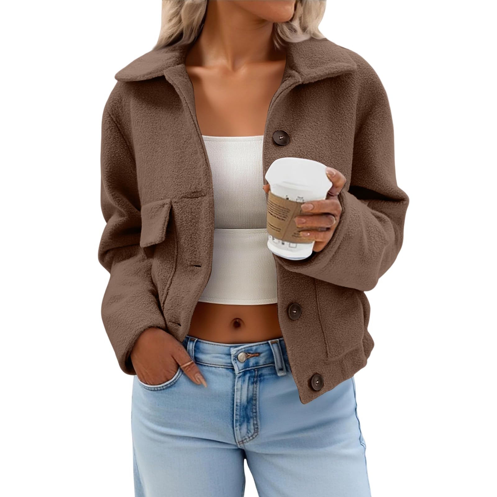 Kurzer Trenchcoat Damen Wolle Kurzmantel Elegant Kurzblazer mit Knöpfen Langarm Business Casual Übergangsjacke Revers Frauen Wolljacke Kurz Freizeitjacke Fleece Damenjacken für den Übergang