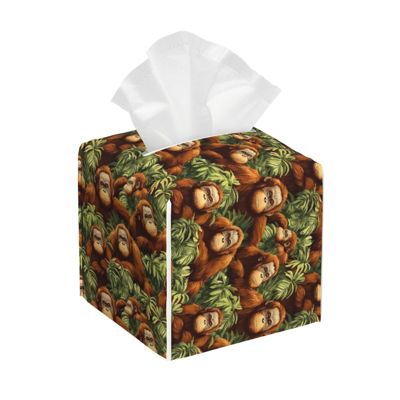 Tropical Jungle Orangutans Leaves Print Tissue Box Cover Holder Square, Foldable Modern Cube Tissue Box Cover, Leather Decorative Organizer for Tabletop Bathroom Car Office Desk Decor