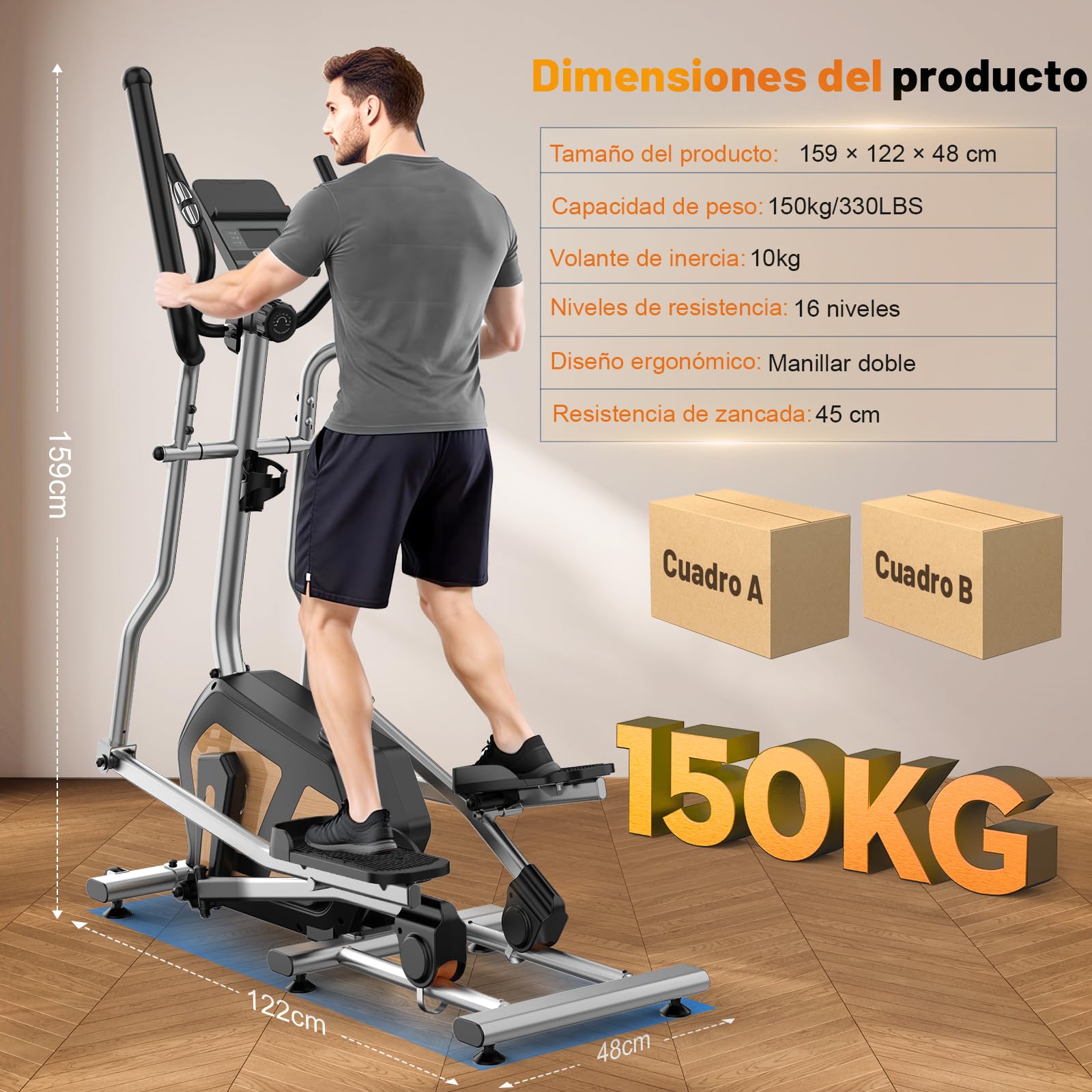 Elíptica para Casa, Ultra Silenciosa Bicicleta Eliptica con Resistencia Magnética de 16 Niveles, Volante 10kg, Zancada de 45 cm, Monitor LCD y Bluetooth, Sensor de Pulso, Soporta hasta 150kg