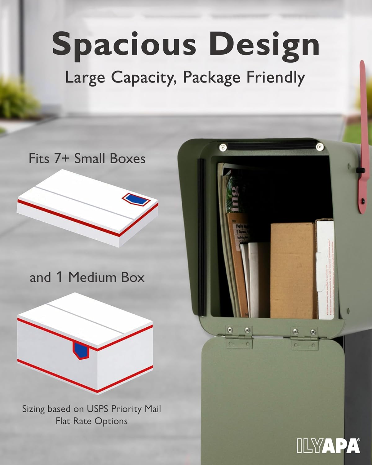 Ilyapa Mid Century Modern Mailbox Post Mount Mailboxes for Outside -Powdercoated Green Outdoor Metal Mail Box, with Stainless Steel Hinges & Magnetic Door