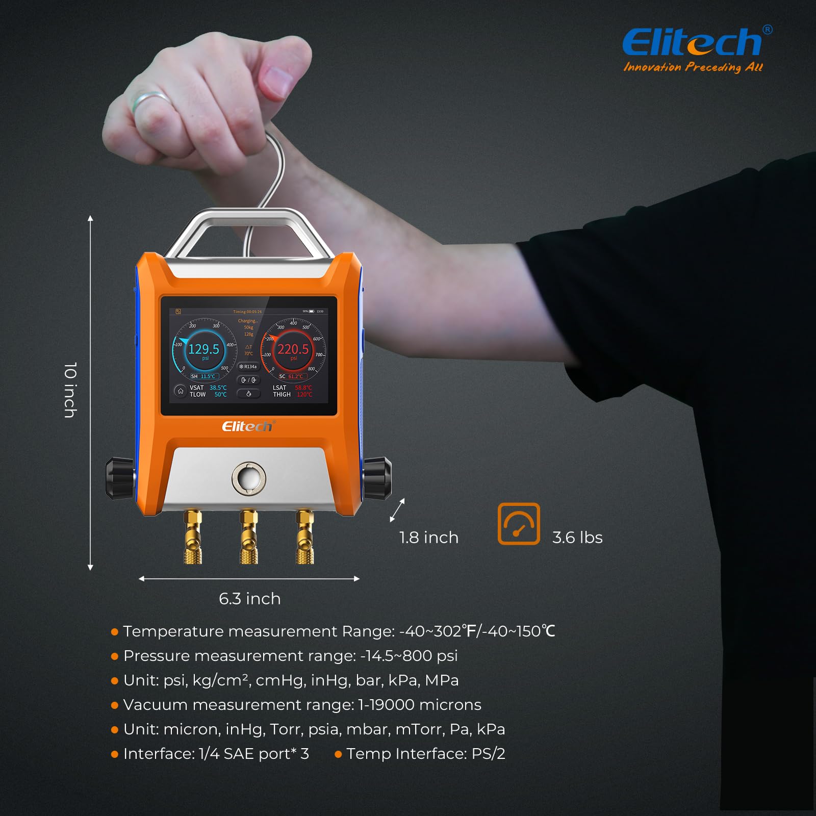Elitech Ensemble de Manomètres Numériques Intelligents Elitech EMG-20V, Écran Tactile de 5 Pouces, Connexion Bluetooth, Adapté pour la CVC et le Contrôle via l'Application