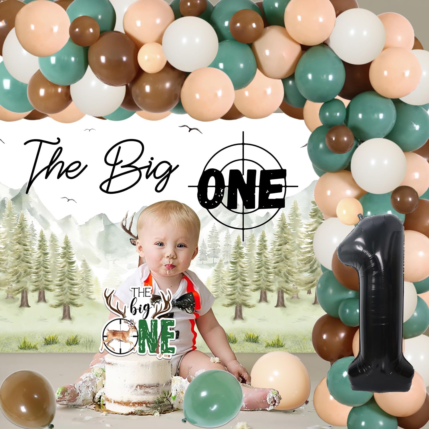 The Big One Deer 1st Birthday Decorations Deer Hunting Theme Forest Birthday Backdrop The Big One High Chair Banner Latex Balloon for Boys Camo Deer Deer Hunting Theme First Birthday Decor Supplies