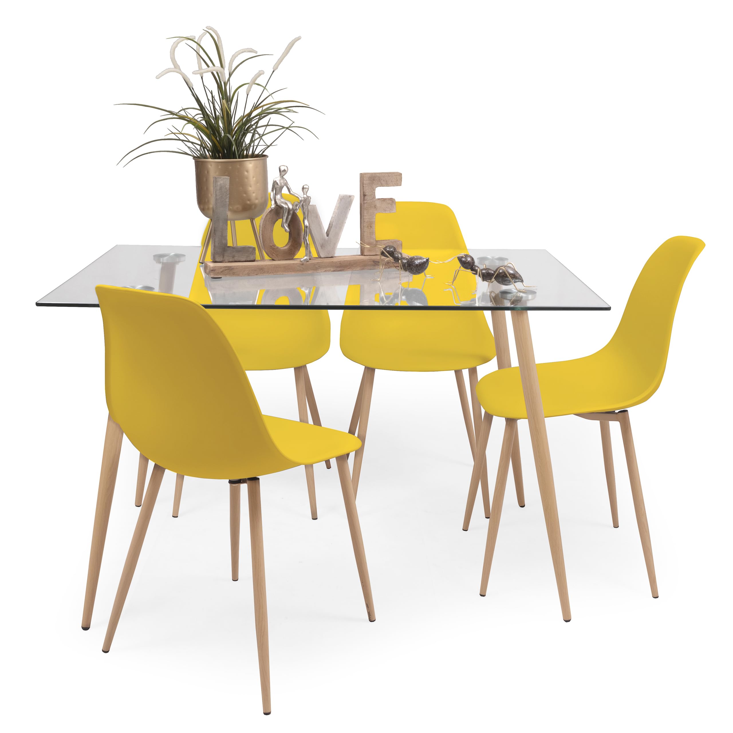 Homely - Conjunto de Comedor Cairo Nordic | Mesa + 4 sillas | Diseño Nórdico | Comedor, Salón, Cocina, Sala | Mesa de Cristal de 120x79,5 cm | 4 sillas nórdicas Color Amarillo
