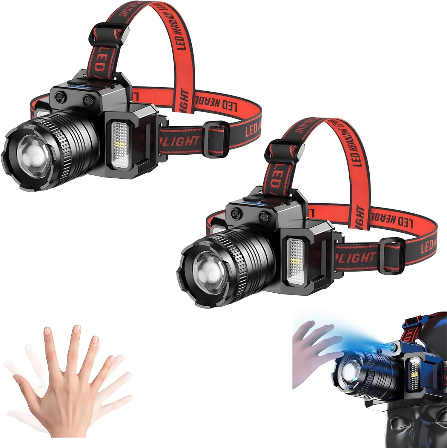 LED Headlamp, 120000LM Super Bright Intelligent Sensing Headlight Outdoor Waterproof Working Light, Electric Display Lamp Head-Mounted P50 Headlamp for Camping Running/Fishing/Hiking (2PCS)